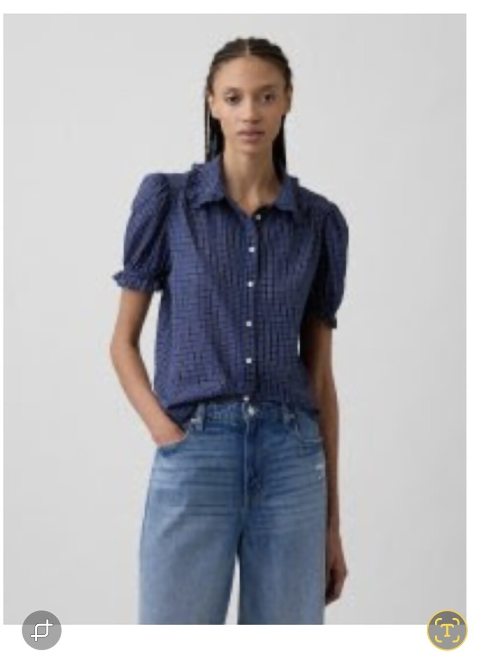 GAP Navy Relaxed Voile Puff-Sleeve Button-Down Shirt